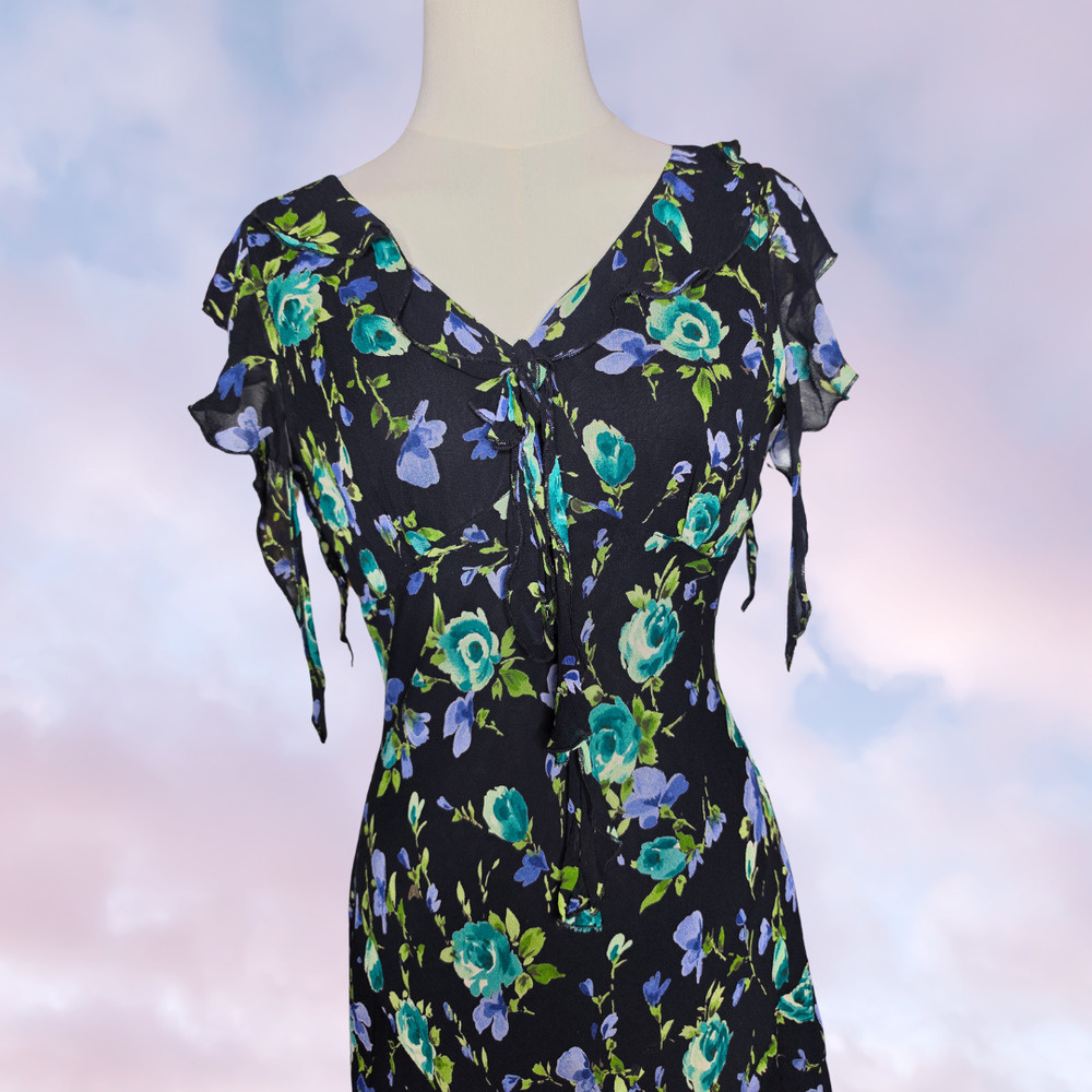 Vtg 90s Floral Ruffle Black Blue Green Formal Cocktail Rayon Asymmetric Dress S - Picture 2 of 9